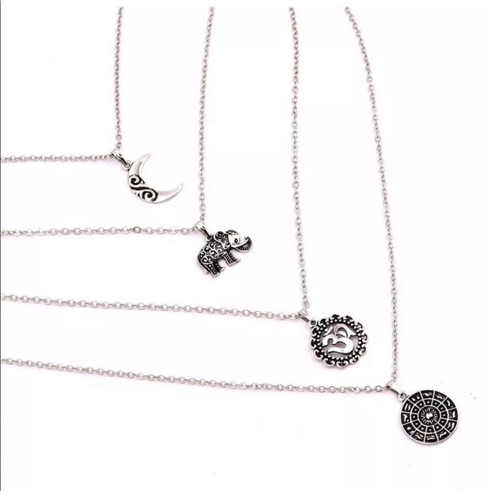 Boho Necklace Silver Chain Elephant Sun Moon Fower - Picture 4 of 6